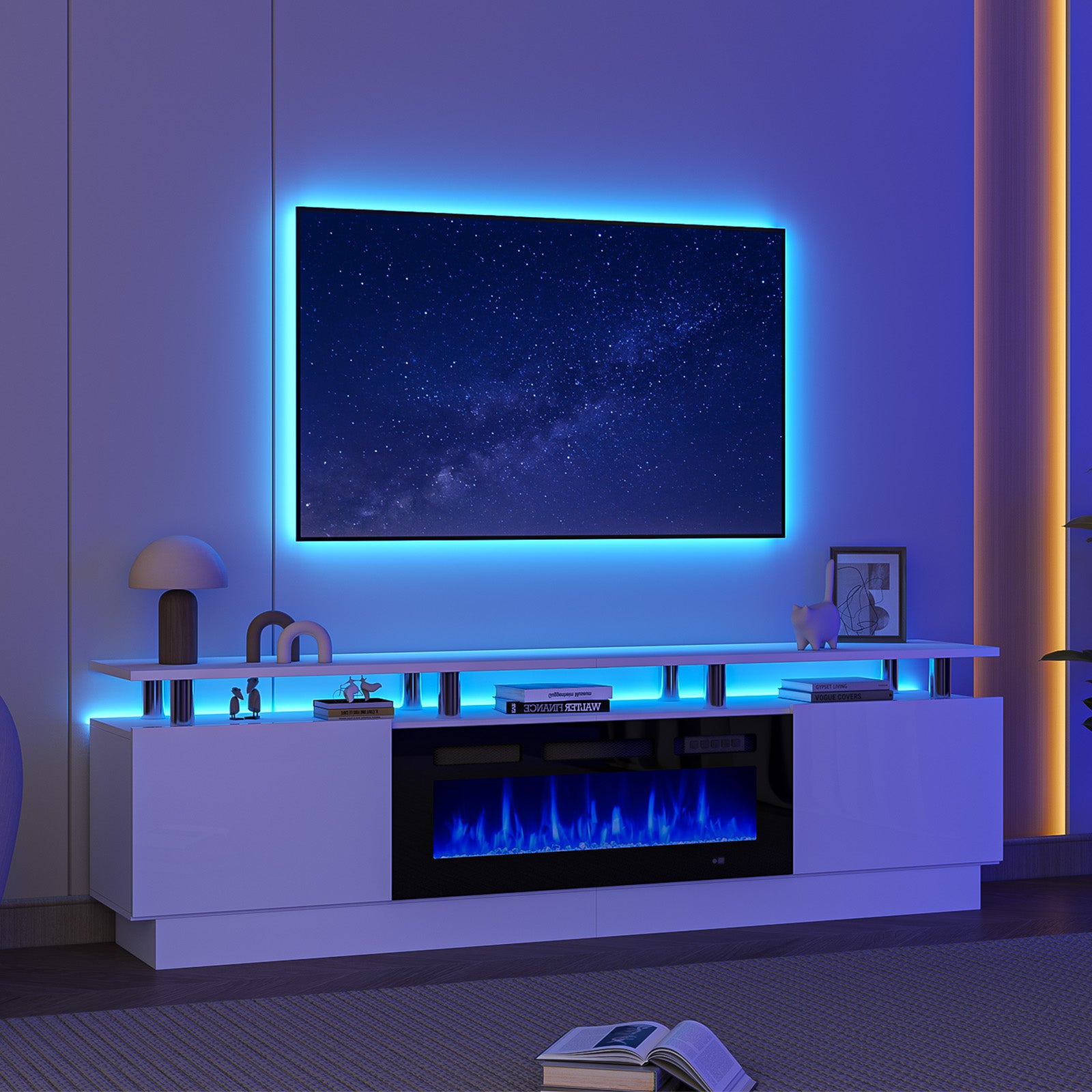 Blue-lit wall-mounted electric fireplace with a TV above a white console and decorative items, ambient living room scene.