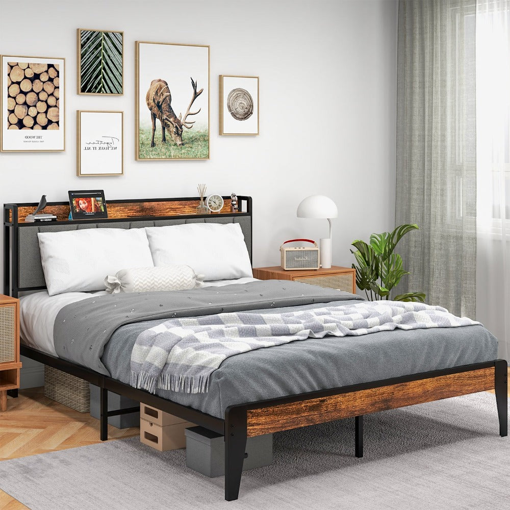 Queen Size Bed Frame, Storage Headboard with Charging Station, Stylish Retro Design
