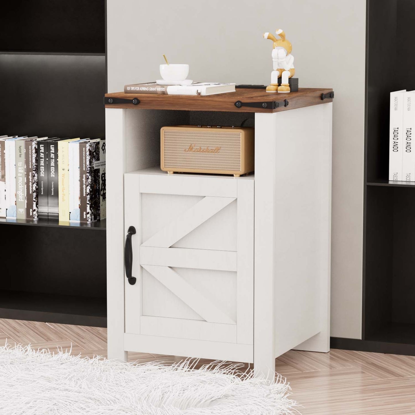 
                  
                    Barn Door Nightstand, Farmhouse End Table with USB Socket for Charging, Set of 2, White
                  
                