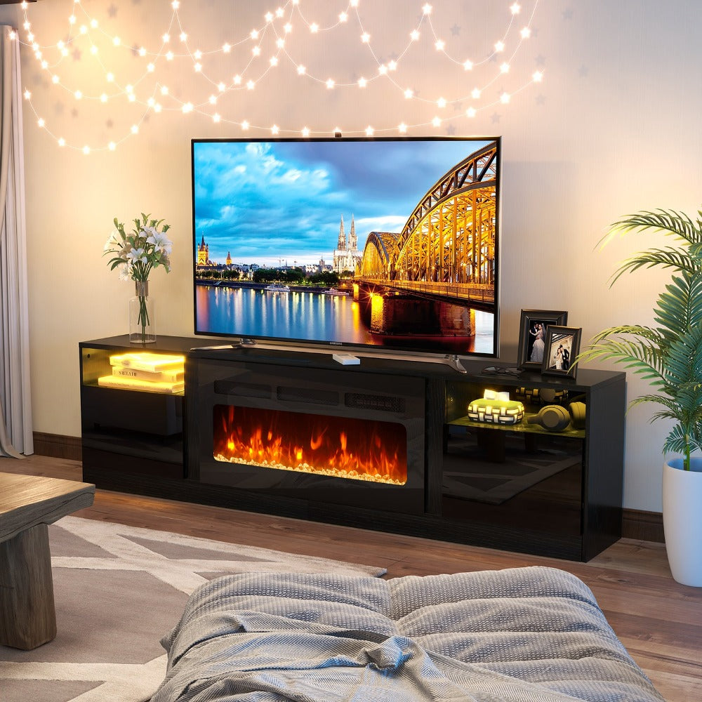 79 Inch Modern High Gloss TV Stand with 36 Inch Electric Fireplace for TV up to 90