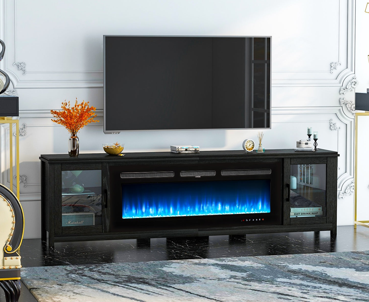 
                  
                    78 Inch Modern TV Stand with 50" Inch Electric Fireplace, LED TV Cabinet with Glass Door for TV up to 90", Black
                  
                