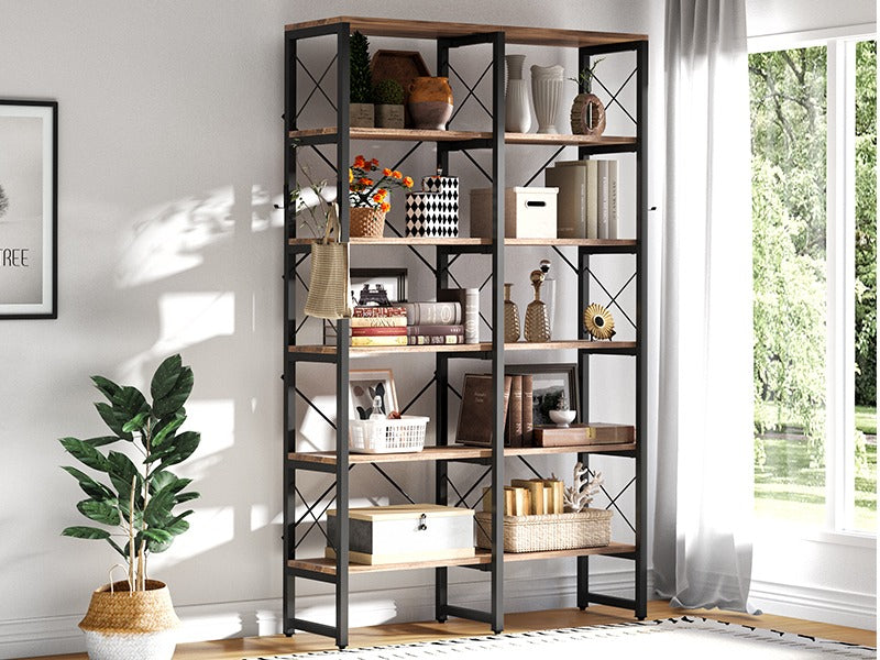 
                  
                    Double Wide 6-Tier Bookshelf, Industrial Metal Frame, Adjustable Large Open Etagere Shelf, Rustic Brown
                  
                
