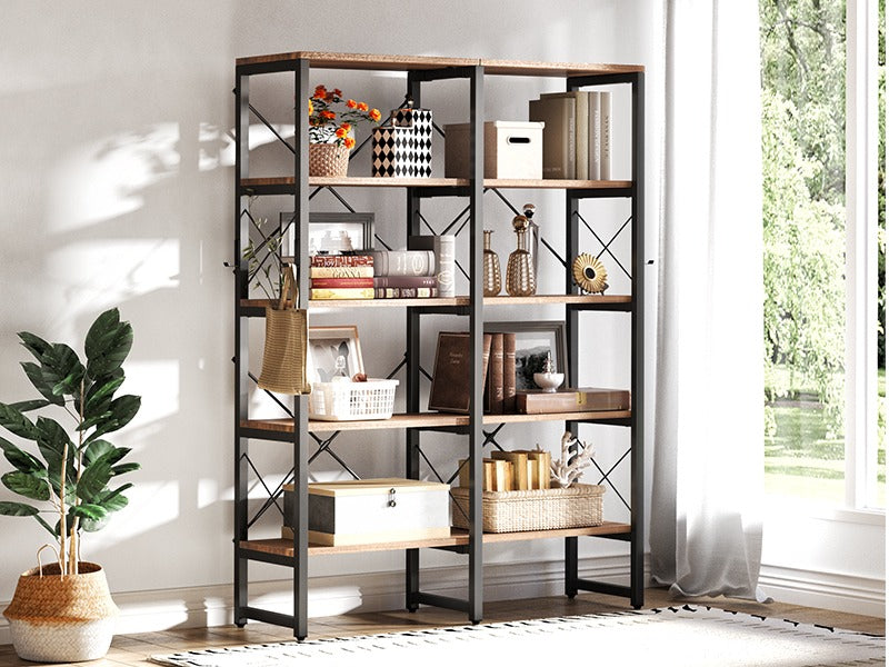 
                  
                    Double Wide 5-Tier Bookshelf, Industrial Metal Frame, Adjustable Large Open Etagere Shelf, Rustic Brown
                  
                
