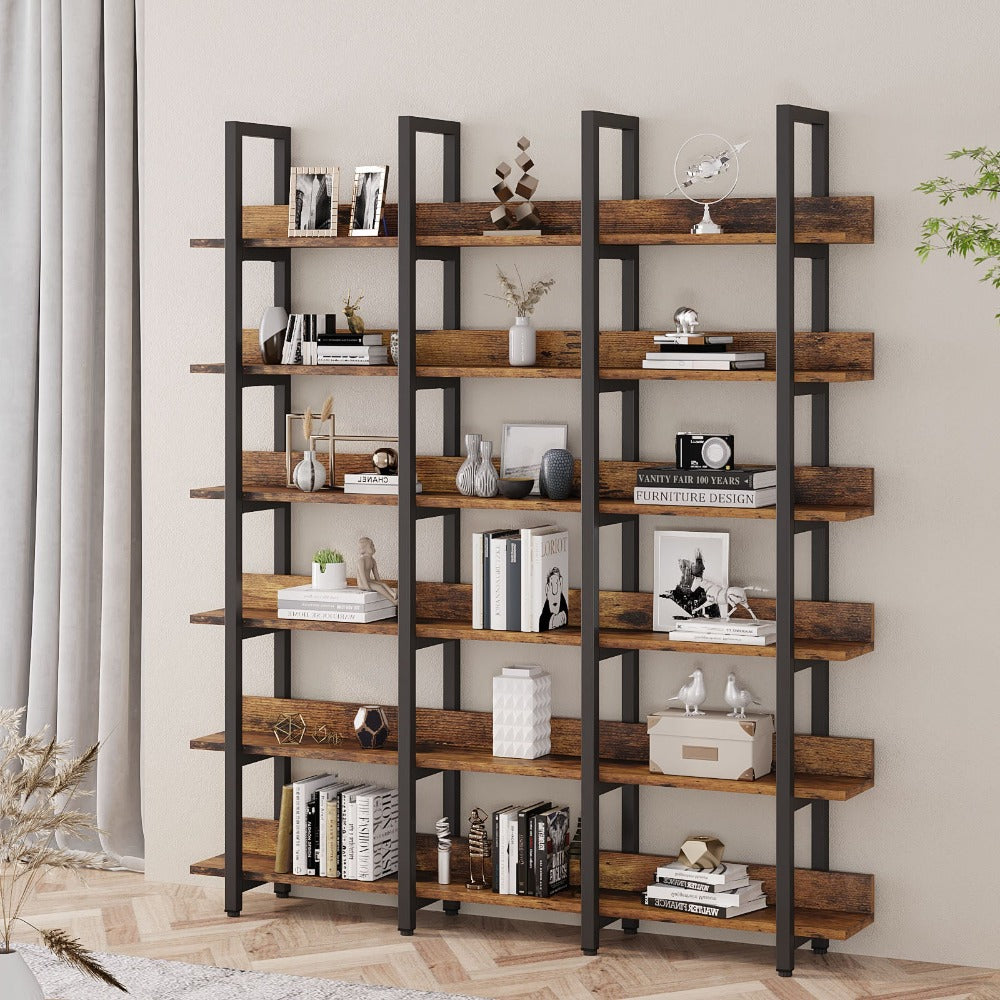 Triple Wide 6-Tier Large Open Shelves, Industrial Metal Frame, Adjustable Etagere Shelf, Rustic Brown