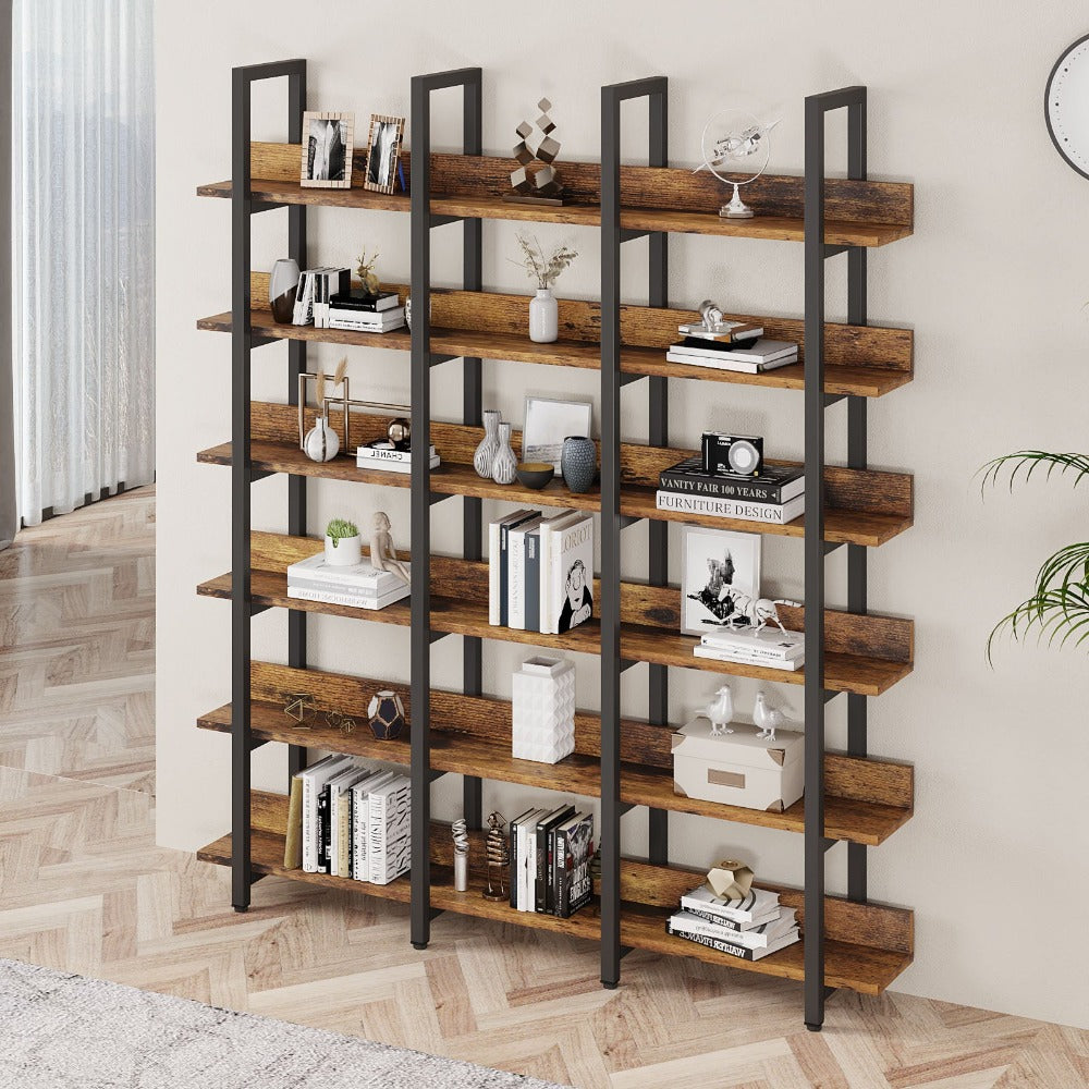 
                  
                    Triple Wide 6-Tier Large Open Shelves, Industrial Metal Frame, Adjustable Etagere Shelf, Rustic Brown
                  
                
