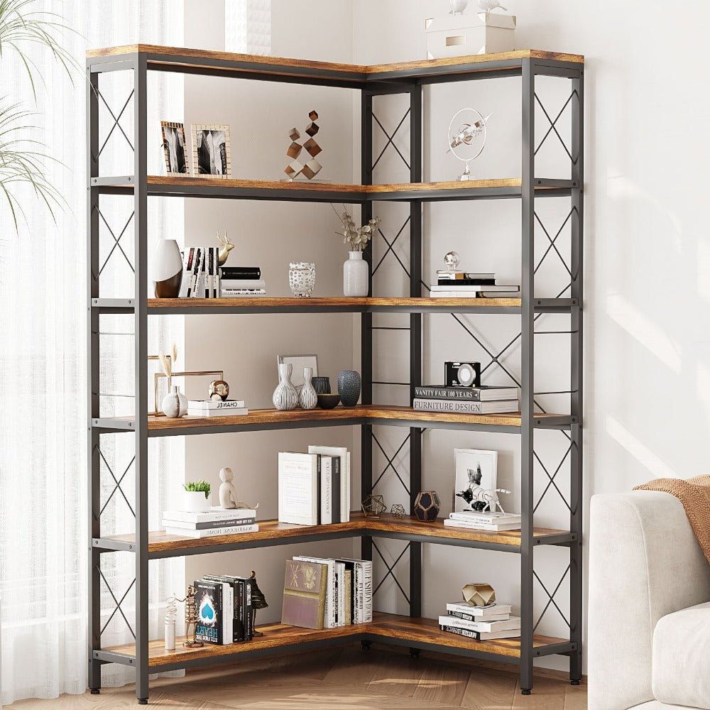 
                  
                    6-Tier L-Shaped Corner Bookshelf, Industrial Metal Frame, Adjustable Large Open Etagere Shelf, Rustic Brown
                  
                