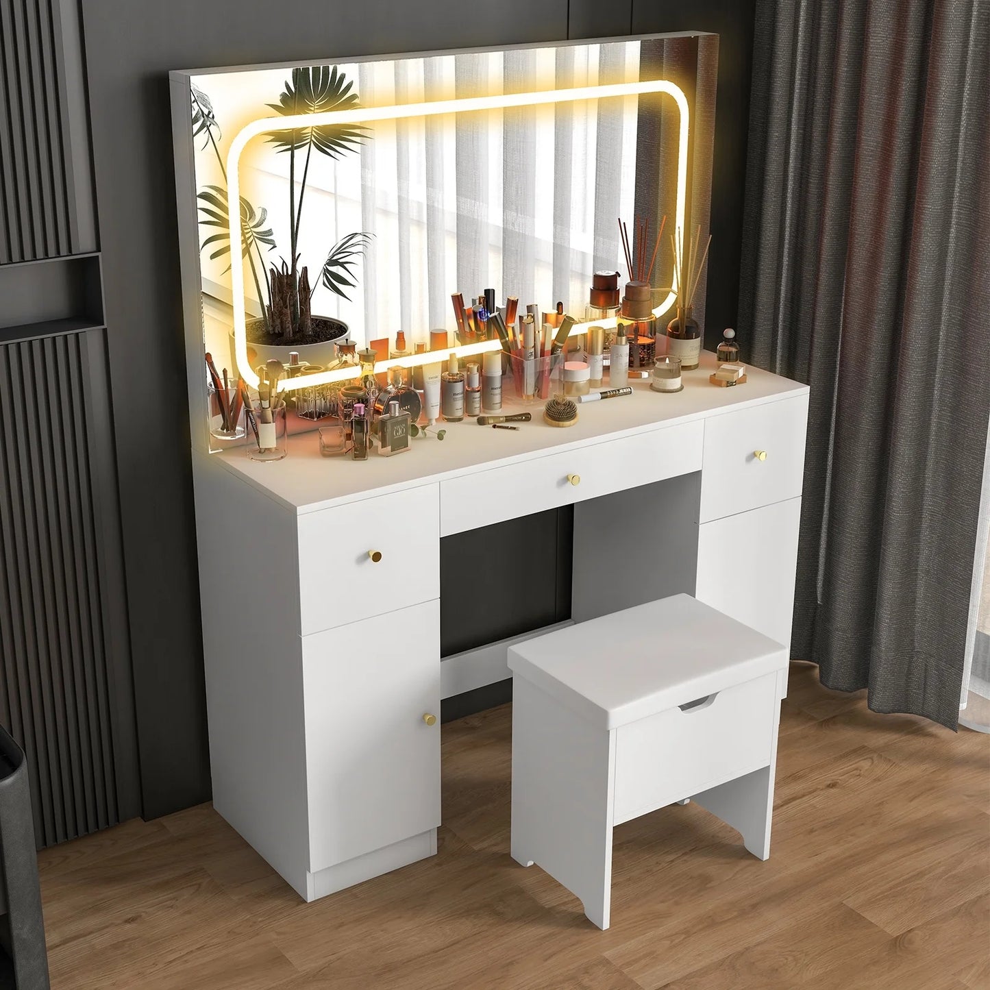 
                  
                    Vanity Desk Set with 3-Color LED Lighted Mirror & Power Outlet, 3 Drawers & 2 Cabnits Makeup Vanities Dressing Table with Stool, White
                  
                