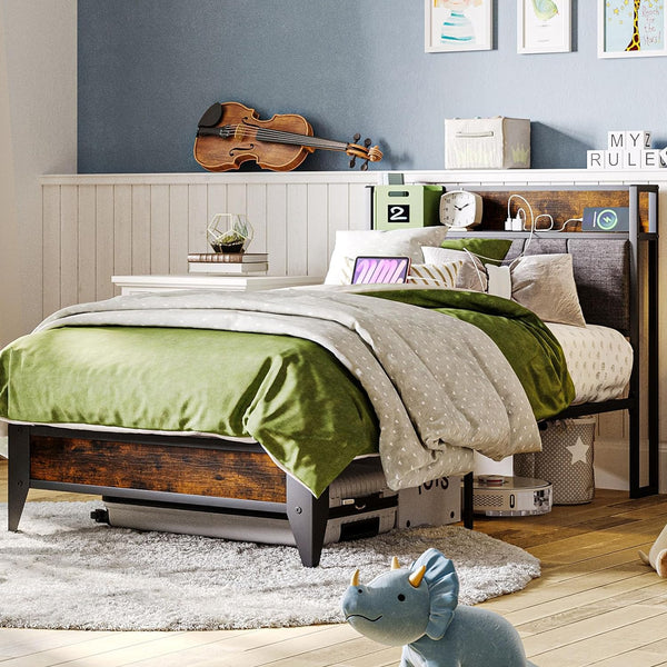 Bed Frame and Headboard with Charging Station, Queen/King Bed Frame with Storage, No Box Spring Needed, Squeak Resistant