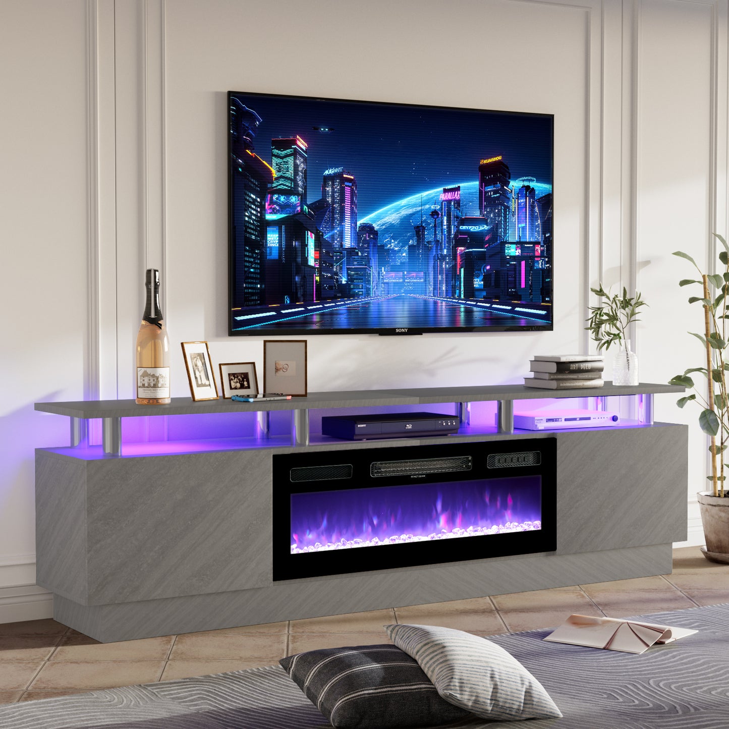 
                  
                    TV Stand with 750W/1500W 36" Electric Fireplace, for TVs Up to 80", 2 Tiers High Gloss Console Cabinet (White/Grey)
                  
                