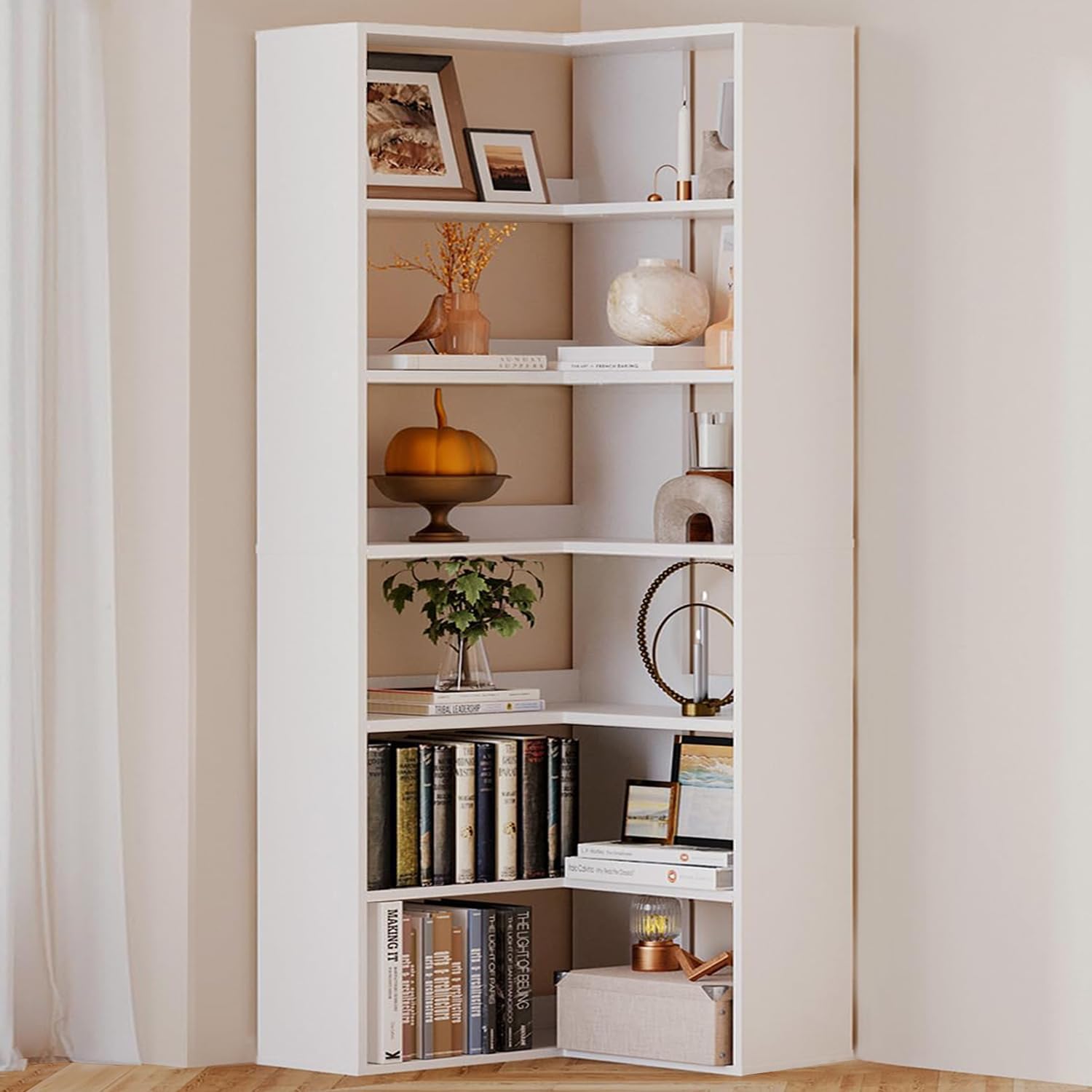Six Tier Large Wooden Corner Bookcase with Baffles – ONEINMIL