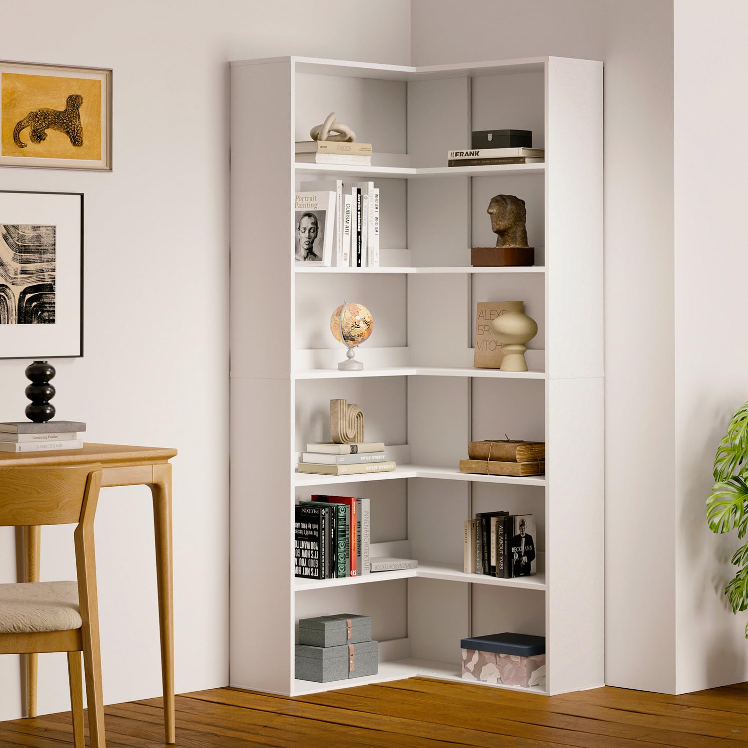Six Tier Large Wooden Corner Bookcase with Baffles – ONEINMIL