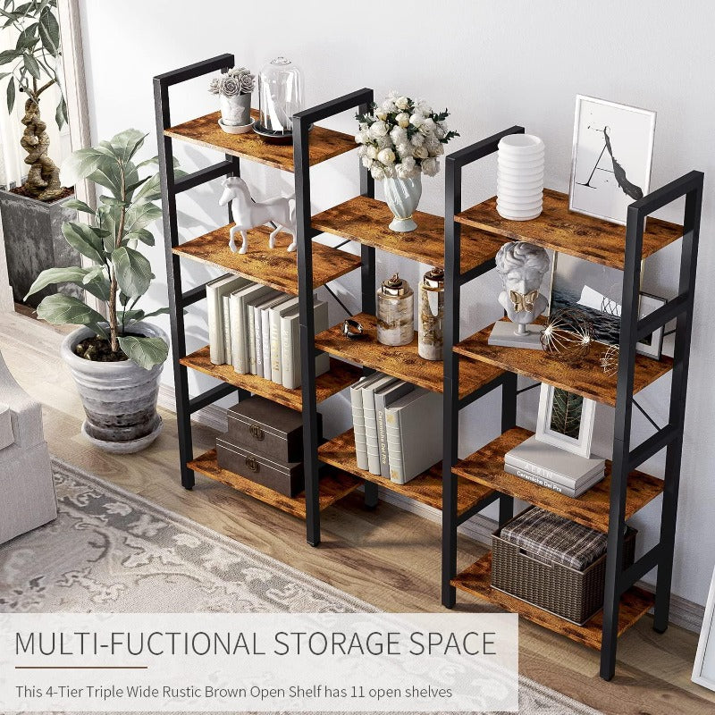 ONEINMIL™Triple Wide 4-Tier Bookshelf, Industrial Corner Shelf Stand Bookcase, Open Display Shelves with Metal Frame for Bedroom, Living Room, Small Space, Office and Kitchen,Rustic Brown - ONEINMIL