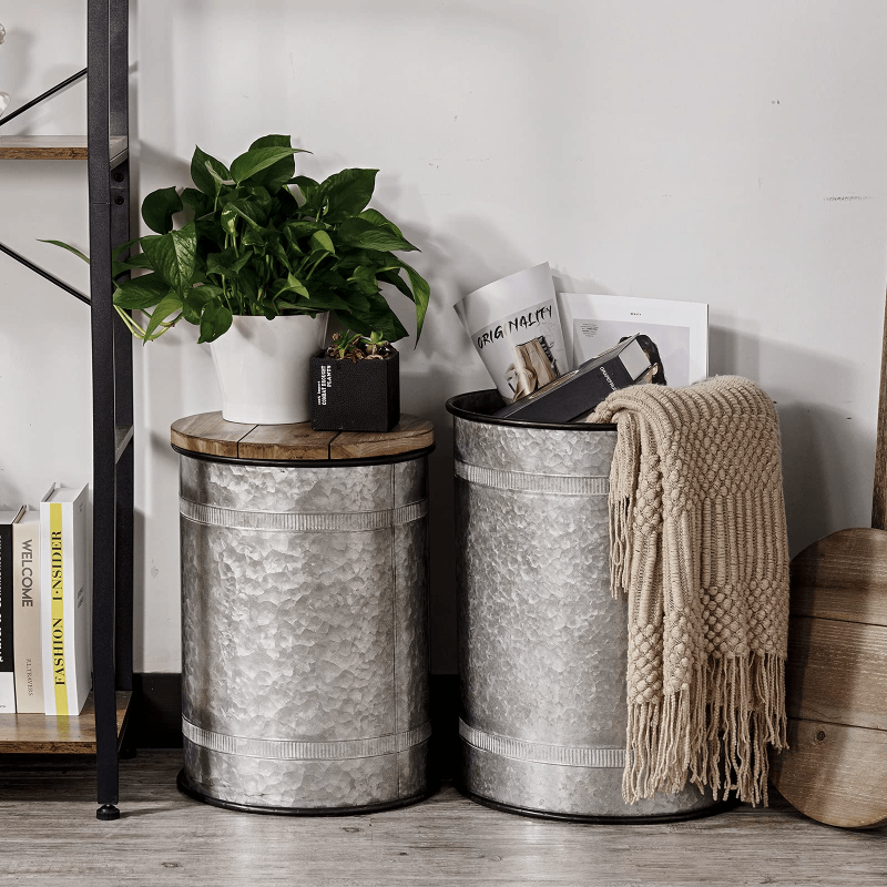Galvanized Metal Ottoman Seat Stool Galvanized Steel End Table with Round Wood Lid Set of 2