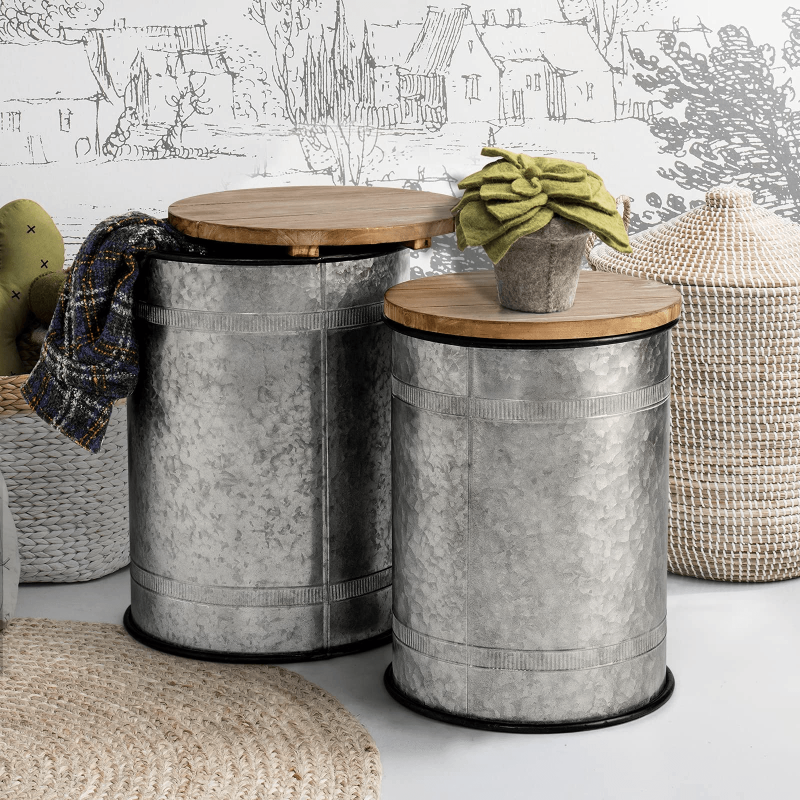 
                  
                    ONEINMIL™ Rustic Storage Bins Farmhouse End Table Farmhouse Furniture Galvanized Metal Stool Ottoman Seat Stool with Round Wood Lid Set of 2 - ONEINMIL
                  
                