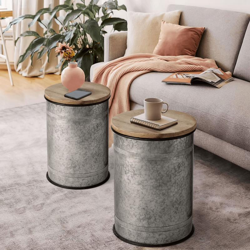 ONEINMIL™ Rustic Storage Bins Farmhouse End Table Farmhouse Furniture Galvanized Metal Stool Ottoman Seat Stool with Round Wood Lid Set of 2 - ONEINMIL