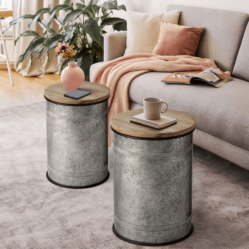 
                  
                    ONEINMIL™ Rustic Storage Bins Farmhouse End Table Farmhouse Furniture Galvanized Metal Stool Ottoman Seat Stool with Round Wood Lid Set of 2 - ONEINMIL
                  
                