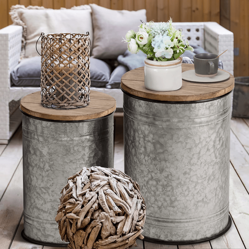 ONEINMIL™ Rustic Storage Bins Farmhouse End Table Farmhouse Furniture Galvanized Metal Stool Ottoman Seat Stool with Round Wood Lid Set of 2 - ONEINMIL