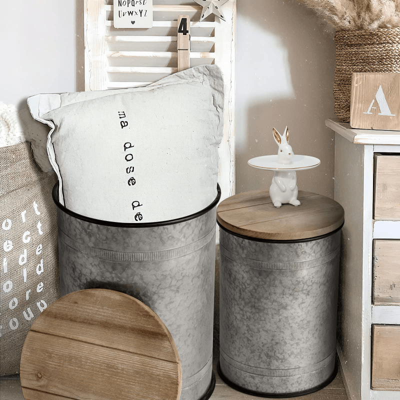 ONEINMIL™ Rustic Storage Bins Farmhouse End Table Farmhouse Furniture Galvanized Metal Stool Ottoman Seat Stool with Round Wood Lid Set of 2 - ONEINMIL