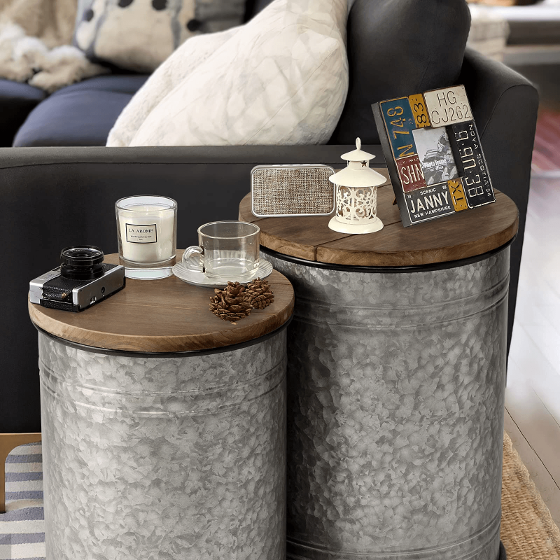 
                  
                    ONEINMIL™ Rustic Storage Bins Farmhouse End Table Farmhouse Furniture Galvanized Metal Stool Ottoman Seat Stool with Round Wood Lid Set of 2 - ONEINMIL
                  
                